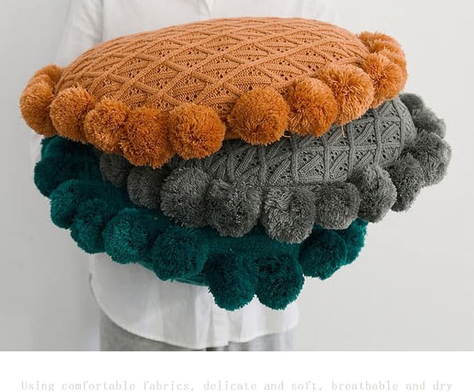IXITON Round Creative Knitting Pompoms Pillow Sunflower Pillow Decorative Cushion Throw Pillow with Insert Plush Pillow for Couch Sofa Bed, 20 Inch (Light Blue)