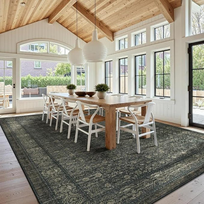 10x14 Washable Area Rug for Living Room, Extra Large,Green Vintage Floral Boho Rugs for Dining Room, Farmhouse, Durable Low Pile Non Slip Carpet for High Traffic Areas, Moss Brown