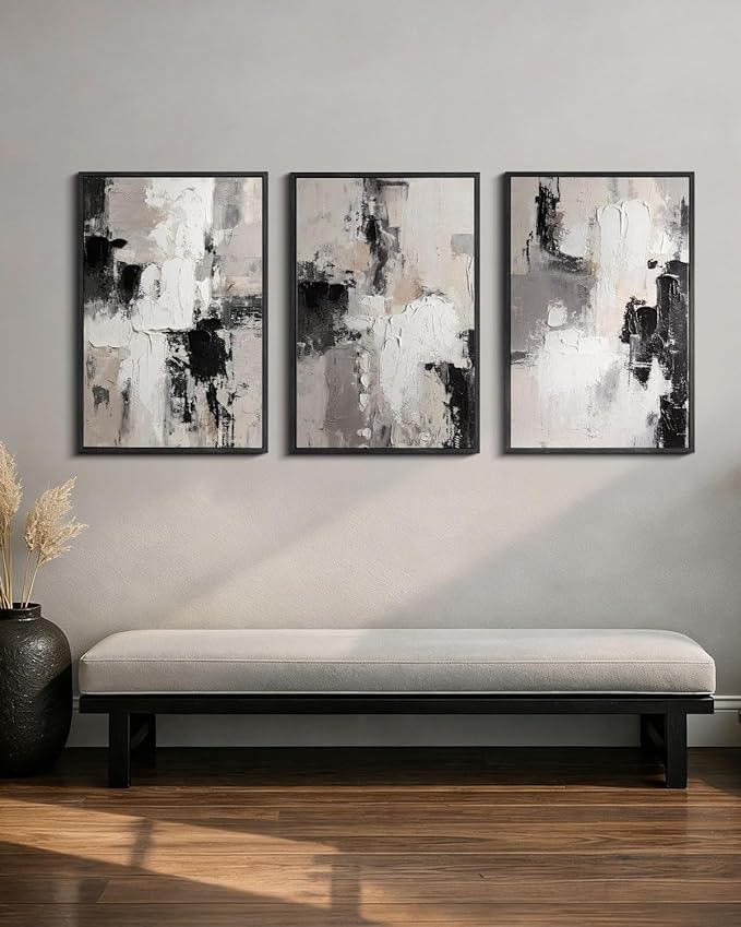 Modern Neutral Abstract Canvas Wall Art Set of 3, Extra Large Black White Gray Triptych Hand Painted Artwork 24x36, Solid Wood Framed Contemporary Minimalist Living Room Bedroom Office Decor