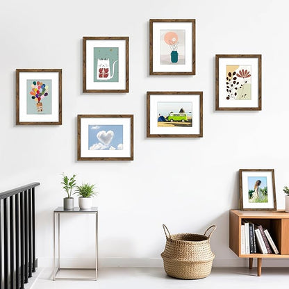 PEALSN 8x10 Picture Frame Set of 6, Display Pictures 5x7 with Mat or 8x10 without Mat for Wall Mounting or Table Top Display, Photo Frames Collage for Wall Decor, Rustic Brown
