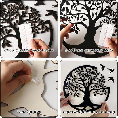 Tree of Life Wall Art Wooden Tree Life Wall Decor with Three Birds 12 Inch Round Family Tree Life Wall Hanging Plaque for Bedroom Living Room Kitchen Office Farmhouse Decor Indoor Outdoor (Round Tree of Life - Black)