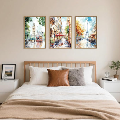 Watercolor European Cityscape Framed Canvas Wall Art Set,London Big Ben & Paris Eiffel Tower Street Scenery Wall Decor,Charming Landscape Artwork for Living Room, Bedroom,Office-24 x36 x3