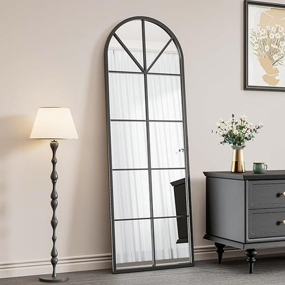 OGCAU Full Length Arched Floor Mirror, 65"x22" Window Pane Design, Decorative Hanging or Leaning, Full Body with Iron Frame for Bedroom Living Room (Black)
