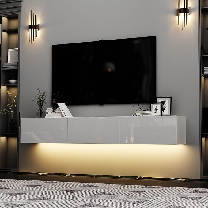 Homsee Floating LED TV Stand for TVs up to 70", Wall Mounted Wood Media Console with Glossy Surface & LED Lights, Modern Entertainment Center with 3 Drawers for Living Room, Bedroom, White