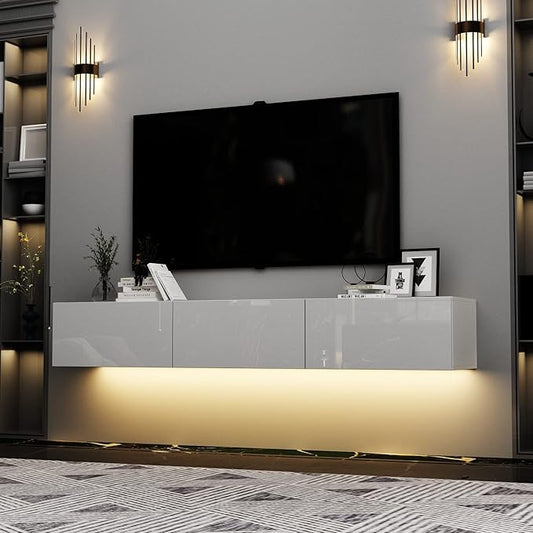 Homsee Floating LED TV Stand for TVs up to 70", Wall Mounted Wood Media Console with Glossy Surface & LED Lights, Modern Entertainment Center with 3 Drawers for Living Room, Bedroom, White