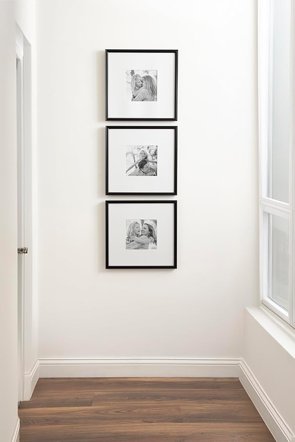 Kate and Laurel Adlynn Square Picture Frame Set of 3; 16 x 16 matted to 8 x 8; Black; Modern Three-Piece Frame Set for Gallery Wall Frame Set in Living Room Wall Decor