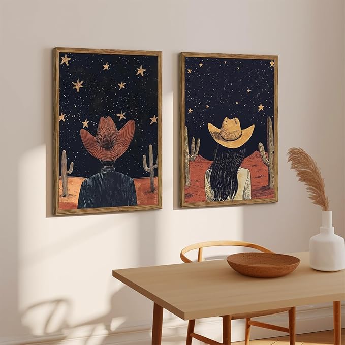 Framed Boho Western Cowboy and Cowgirl Wall Art Set of 2, Vintage Southwestern Desert Starry Sky Cactus Pictures Wall Decor, Rustic Farmhouse Paintings Canvas Prints for Living Room Bedroom 16x24 inch