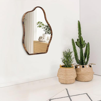 Irregular Mirror Wood Frame Modern Cloud Mirror Wall Unique Shape Asymmetrical Wall Vanity Artistic Mirrors Decor for Bedroom Living Room Bathroom Entryway Hallway Brown Large