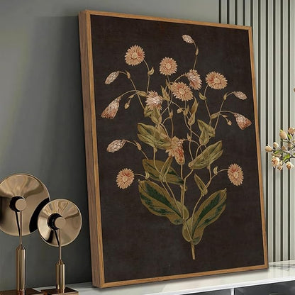 WALLZK Vintage Framed Wall Art Botanical Canvas Prints Painting Dark Moody Floral Wall Decor Retro Wildflower Pictures Artwork for Walls Living Room Bedroom Bathroom 16"x24"