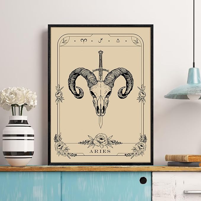 SERIMINO Witchy Framed Wall Art, Aries Tarot Canvas Prints Paintings, Horoscope Dark Academia Home Decor Aesthetic, 16x24inch Gothic Wall Decor for Room
