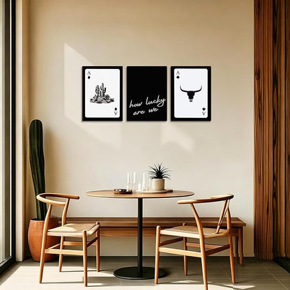 Western Wall Decor Living Room,Southwestern Cowboy How Lucky Are We Wall Art,Longhorn Bull Skull and Playing Card Canvas Painting Pictures for Bedroom Bathroom Office,12x16in,Framed