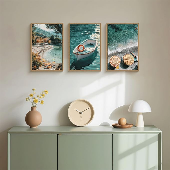 Aryroi Italy Coastal Seascape Framed Canvas Wall Art Set,Mediterranean Amalfi Italian Blue Green Seaside Beach Decor,Natural Foreign Travel City Summer Artwork for Living Room,Farmhouse- 16"x24"x3