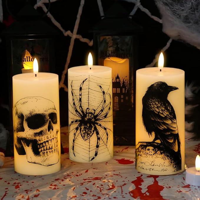 Halloween Flameless Candles Battery Operated with Remote and Timer, Real Wax 3D Wick LED Flickering Pillar Candles Skull Crow Spider Web Decals Dinner Halloween Decor(3 Pack, 3" D x 6" H)