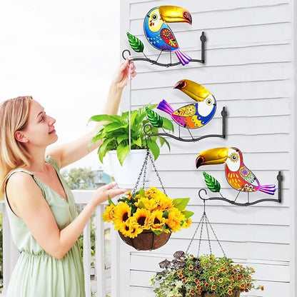 3PCS Metal Owl Wall Art Decor Hooks, 3D Colorful Stained Glass Hanger for Flower Baskets Wind Chimes Lanterns, Indoor & Outdoor wall Decor for Garden Porch Living Room Balcony(Toucan)