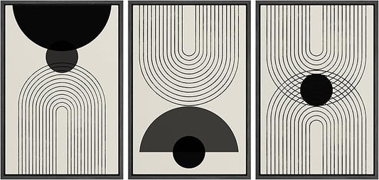 SIGNLEADER Framed Canvas Print Wall Art Black Semi-Circle an Line Parabola Abstract Shapes Illustrations Modern Art Minimalist Edgy Black and White for Living Room, Bedroom, Office - 16"x24"x3 BLACK