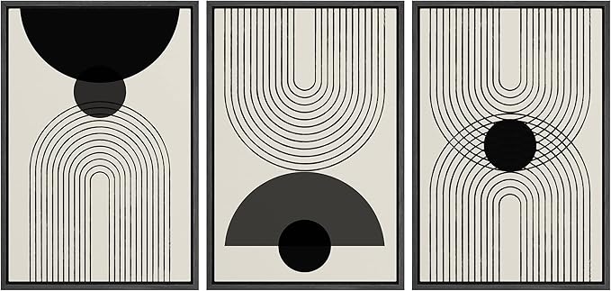 SIGNLEADER Framed Canvas Print Wall Art Black Semi-Circle an Line Parabola Abstract Shapes Illustrations Modern Art Minimalist Edgy Black and White for Living Room, Bedroom, Office - 24"x36"x3 BLACK