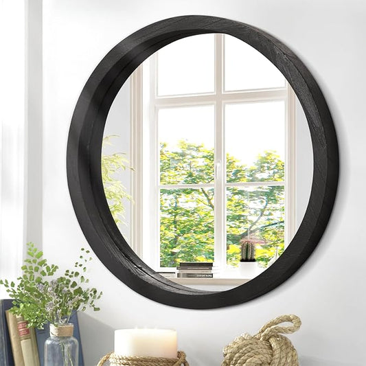 JJUUYOU Round Wall Mirror Circular Wall Mounted Mirror for Bathroom Large Circle Black Mirror for Decor Wooden Make up Mirror for Farmhouse Living Room Bedroom 20Inch