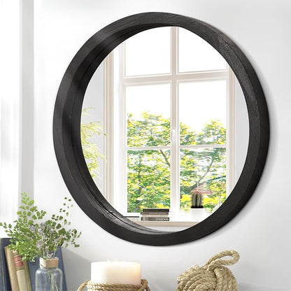 JJUUYOU Circular Wall Mirror Round Mirror for Bathroom Black Small Circle Wall Mounted Mirror for Decor Wood Framed Make up Mirror for Farmhouse Living Room Bedroom 16Inch