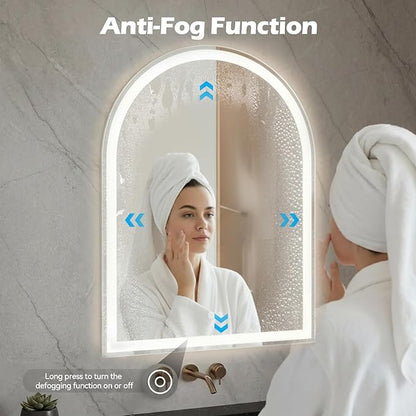 DUMOS 28"×36" LED Bathroom Mirror with Lights, Arched Vanity Mirror with Anti-Fog, Dimmable, 3-Color Light, Memory Function, Front Light and Backlit, Tempered Glass