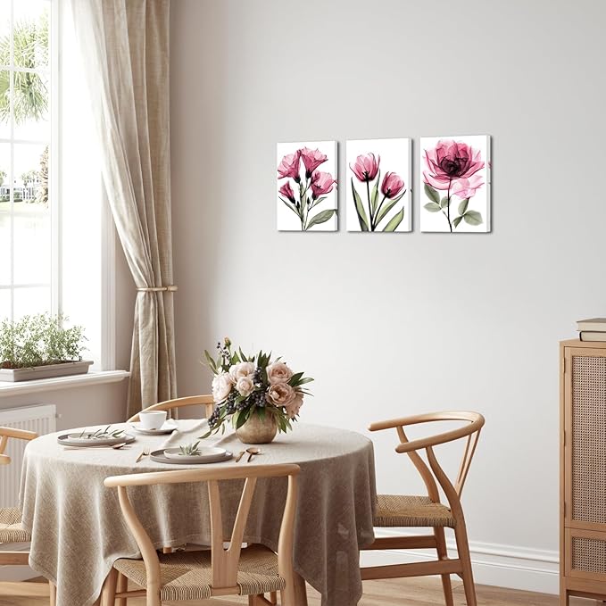 KREATIVE ARTS 3 Piece X-Ray Flower Canvas Wall Art - Abstract Transparent Floral Prints, Elegant Artwork for Living Room, Ready to Hang, 12x16'' Each (Pink)