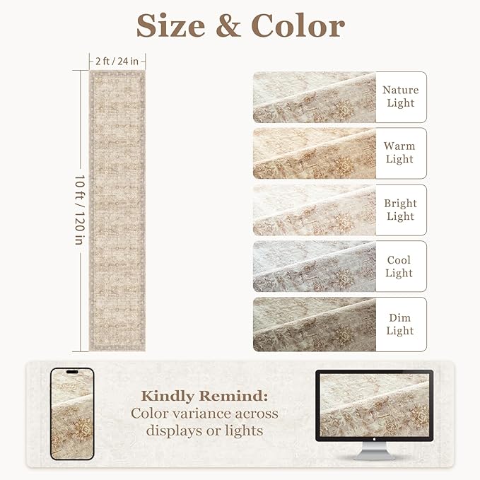 Beige 2x10 Rug Runners for Hallways Non Slip, Long Kitchen Runner Rugs Non Skid Washable, Vintage Farmhouse Neutral Low Pile Thine Carpet Runners for Entryway Corridor Mudroom Foyer