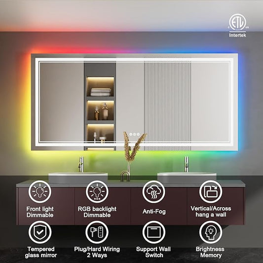 84x40 Inch RGB LED Bathroom Mirror with Lights, Color Changing RGB Backlit LED Mirror for Bathroom,Lighted Vanity Mirrors for Bathroom Wall, Dimmable, Anti-Fog (RGB Backlit+Front-Lit)
