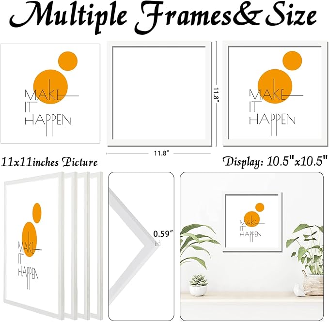 11x11 Picture Frame Set of 4, White 11 x 11 Frame High Transparent Wall Gallery Poster Canvas Photo Frames for 11by11 inches