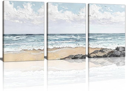 WENGTIAO Beach Canvas Wall Art Prints Set of 3 Coastal Seaside Wall Paintings Abstract Seascape Photos Pictures Blue Ocean Artwork for Home Decor Living Room Bedroom Office 16”x24”x3
