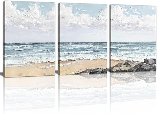 WENGTIAO Beach Canvas Wall Art Prints Set of 3 Coastal Seaside Wall Paintings Abstract Seascape Photos Pictures Blue Ocean Artwork for Home Decor Living Room Bedroom Office 16”x24”x3