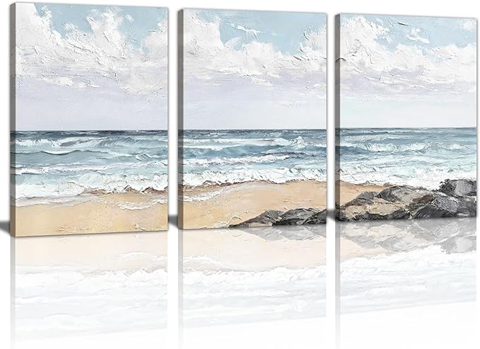 WENGTIAO Beach Canvas Wall Art Prints Set of 3 Coastal Seaside Wall Paintings Abstract Seascape Photos Pictures Blue Ocean Artwork for Home Decor Living Room Bedroom Office 12”x16”x3