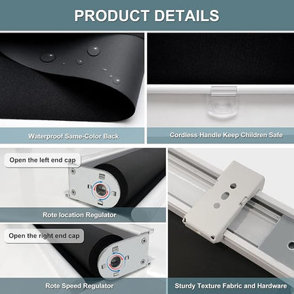 AOSKY Cordless Roller Shades Blackout Blinds for Windows Room Darkening Rolled Up Shades with Spring System, UV Protection Window Shades Door Blinds for Home and Office (36.5" W x 72" H, Black)