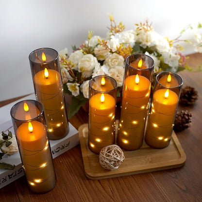 Flameless Candles,with Embedded Star String, Battery Operated Candles Flickering LED Pillar Candles with Remote Control and Timer, Home Decoration Add a Warm and Romantic Atmosphere，Set of 7 (Grey)