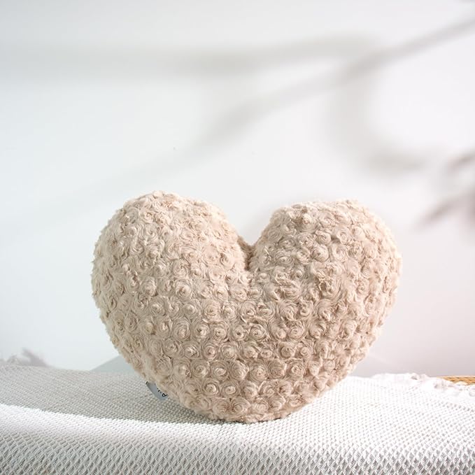 16" Camel Heart Pillow, Luxury 600GSM Rose Textured Faux Rabbit Fur, Warm Tan Aesthetic Throw Pillow for Couch Bed Sofa, Cozy Earth Tone Decorative Heart Cushion