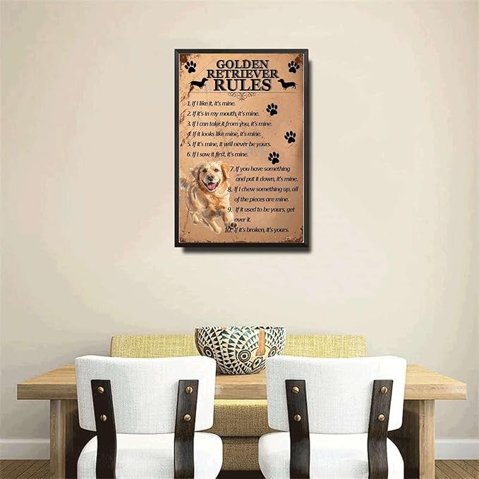 Metal Sign Tin Sign Vintage Wall Art Golden Retriever Rules Garden Sign for Room 6×8 Inches with Metal Frame