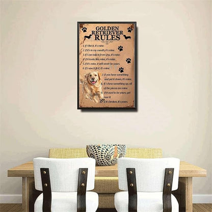 Metal Sign Tin Sign Vintage Wall Art Golden Retriever Rules Gardening Decor Gift for Home Decor 12×16 Inches with Metal Frame