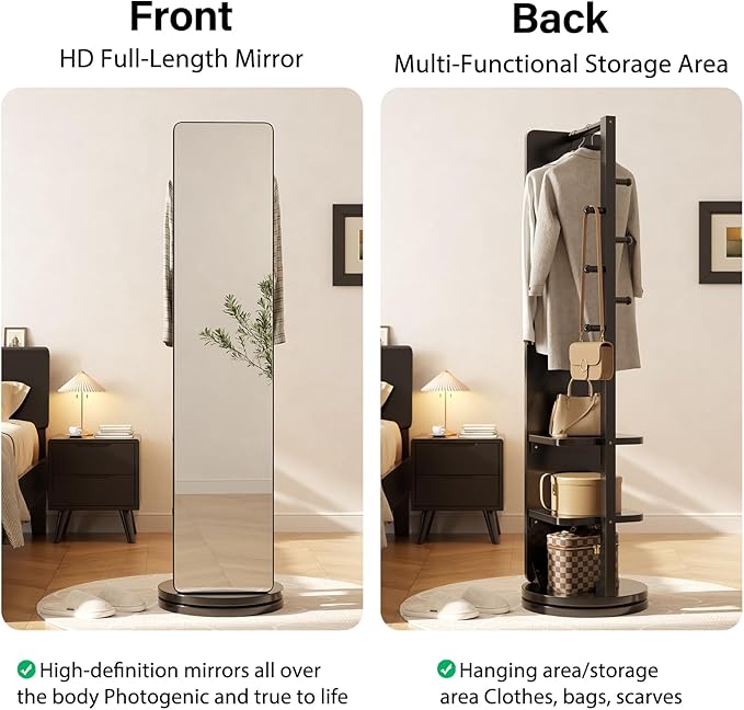 WoodsWhisper Full Length Mirror Coat Rack Solid Wood Floor Mirror 70"x16" Full Length Mirror with Stand Long Mirrors for Bedroom,Living Room (Black, 70" L x 16" W)