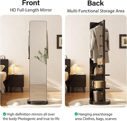 WoodsWhisper Full Length Mirror Coat Rack Solid Wood Floor Mirror 70"x16" Full Length Mirror with Stand Long Mirrors for Bedroom,Living Room (Black, 70" L x 16" W)