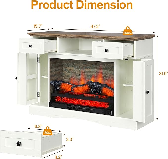 RoyalCraft TV Stand with 28'' Fireplace for TVs up to 55'', Media Console Table with Adjustable Shelves, Double-Door Design, Entertainment Center for Living Room, Bedroom, White
