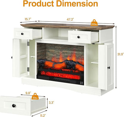 RoyalCraft TV Stand with 28'' Fireplace for TVs up to 55'', Media Console Table with Adjustable Shelves, Double-Door Design, Entertainment Center for Living Room, Bedroom, White