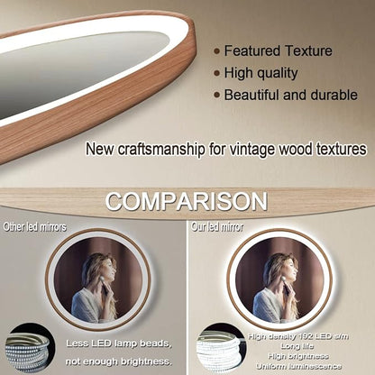 30 Inch Bathroom Round Wood LED Mirror with Wood Frame Round Lighted Vanity Mirror with Lights 3 Color Dimmable Anti Fog 30" Wood Circle LED Mirror for Bathroom Wall Round Smart Light up Mirror