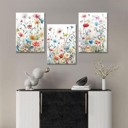 KISSFOX Framed Colorful Wildflower Canvas Wall Art Set Of 3 Flowers Pictures Prints Flowers Printing Floral Watercolors Flower wall Decor Living Room Girls Bedroom Bathroom