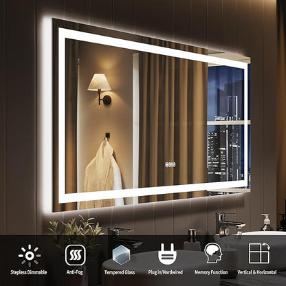 55x26 LED Bathroom Mirror with Lights, Frameless Wall Mounted Vanity Mirror with Front & Backlight, Dimmable Color Temperature, 5mm Copper-Glass, for Bathroom