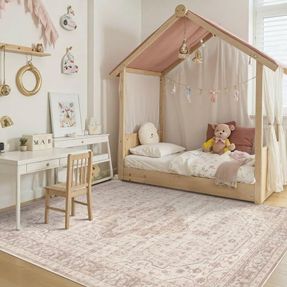 Rugxara Washable Area Rug for Living Room & Bedroom, Soft Pink Rugs for Girls Women, Non Slip, Durable Low Pile Carpet, Vintage Carpets for Office, Dining Room, Kids Room and Farmhouse(4x6ft)