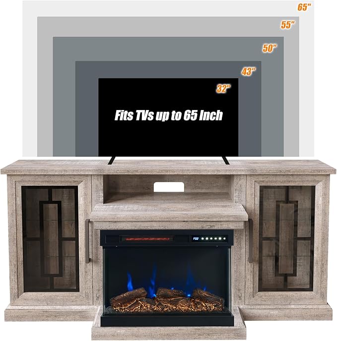 59 Inch LED TV Stand with 3-Side Glass Fireplace, Modern Media Entertainment Center Console Table for TVs up to 65 Inch with Adjustable Color, 24’’ Fireplace, Highboy, Grey Wash