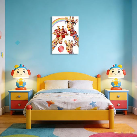16x24 Inch Graffiti Giraffe Canvas Wall Art - Watercolor Rainbow Giraffe Family Poster with Glasses Balloon - Framed Funny Animal Wall Decor Prints for Kids Bedroom Nursery Bathroom Playroom