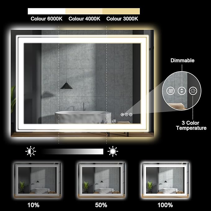 Snowdool 28x60 LED Bathroom Mirror with Front and Backlight, Dimmable Lighted Bathroom Vanity Mirror with Anti-Fog, Memory Function,Tempered Glass(Horizontal/Vertical)