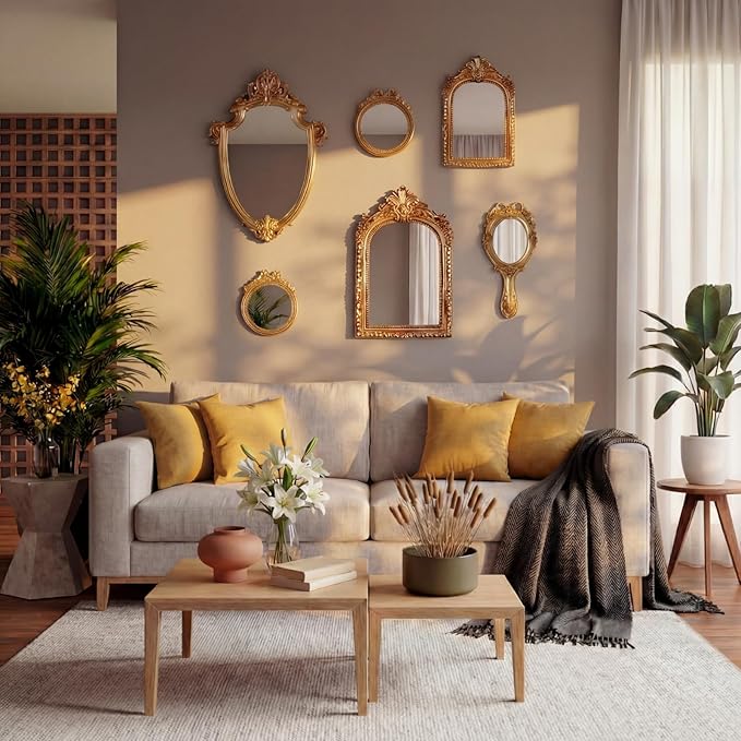 5 Pcs Vintage Gold Mirror Luxury Set Small Gold Mirrors Vintage Gallery Wall Mirror Hanging Antique Art Decor for Wall Living Room Entryway Assorted Sizes(Classic Style,13in/8in/7in/4in)