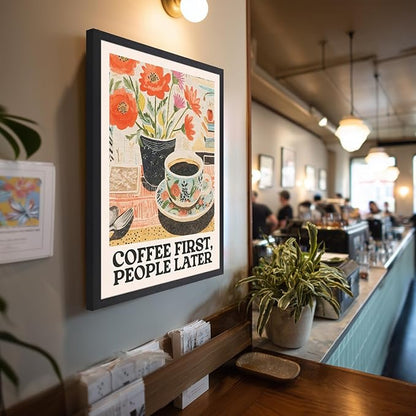 GELDSTEI Wood Framed Retro Coffee Wall Art, Vintage Cafe Wall Decor, Coffee First People Later Canvas Painting, Classical Cafe Bar Poster Print for Kitchen Dining Room Home Office 16x24 Inch