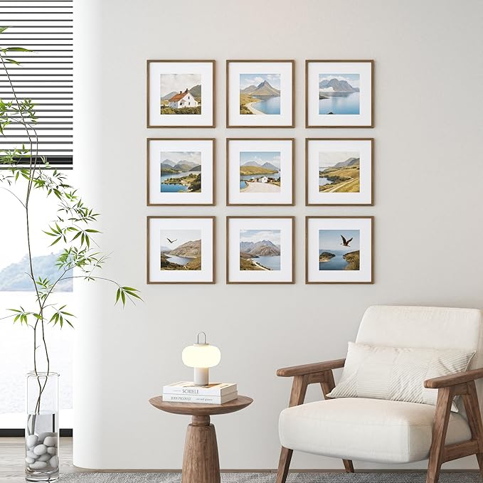 10x10 Picture Frame Set of 9, Display Pictures 8x8 with Mat or 10x10 without Mat, Multi Collage Gallery Square Photo Frames for Wall or Tabletop,Light Brown