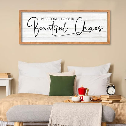AuraPeak Welcome To Our Beautiful Chaos Sign Home Living Room Wall Decor Modern Family Rustic Farmhouse House Entryway Bedroom Hanging Horizontal Plaque Wall Art (Wood 40"×15")